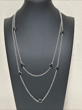 Dillards 48” Silver-Tone Black Faceted Clover Necklace